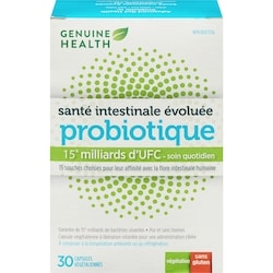 Genuine Health santé intestinale évoluée probiotique, 15 milliards d'UFC, 15 souches multiples, capsules végétaliennes à libération retardée 30 ea, 0,87 $/1ch