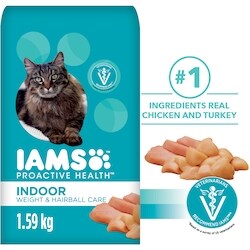 IAMS Proactive Health Dry Cat Food - Indoor Weight & Hairball Care, Chicken & Turkey, 3.18kg