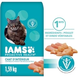 Iams Nourriture sèche pour chats adultes PROACTIVE HEALTH Indoor Weight & Hairball Care avec poulet et dinde, sac 1.588 kg, 1,01 $/100g