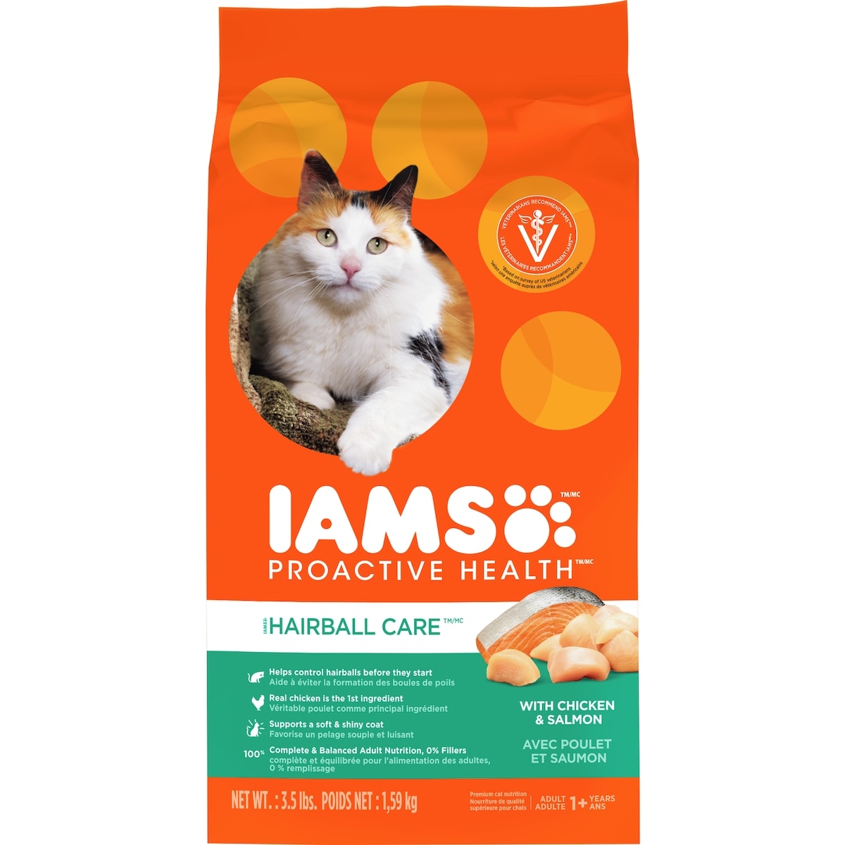 Iams Nourriture sèche pour chats adultes PROACTIVE HEALTH Hairball Care avec poulet et saumon, sac 1.588 kg, 1,07 $/100g