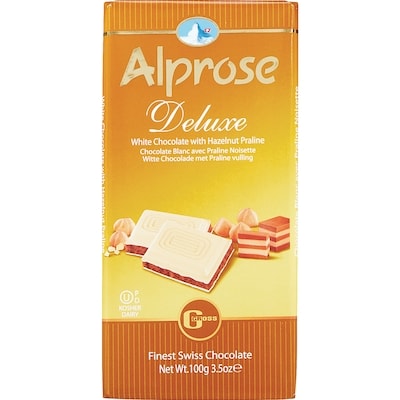 Alprose Tablette de luxe chocolat blanc, noisettes et pralines 100 g, 6,99 $/100g