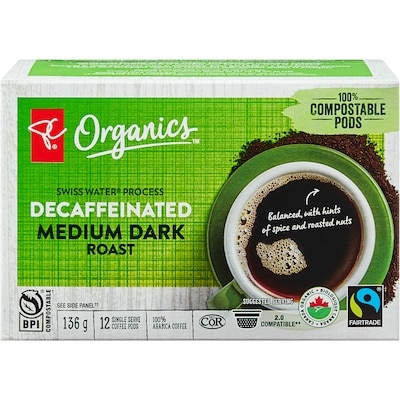 PC Organics Swiss Water® Process Decaffeinated Medium Dark Roast Single Serve Coffee Pods 12 ea, $0.92/1ea