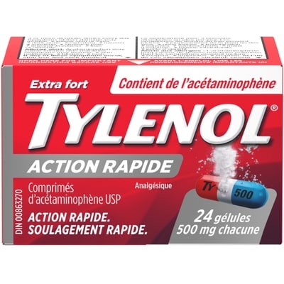 Tylenol Comprimés d'Acétaminophène USP 500 mg Chacune Extra Fort 24 Gélules 24 ea, 0,44 $/1ch