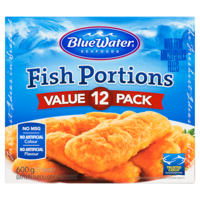 BlueWater Seafoods Battered Fish Portions 100% Real Fish, Frozen, 12 Count 600 g, $1.50/100g