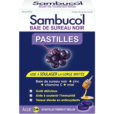 Sambucol Pastilles Baie de Sureau Noir 20 Pastilles Tendres et Molles 20 ea, 0,45 $/1ch