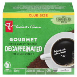 President's Choice Gourmet Swiss Water Process Decaffeinated Medium Roast Single Serve Coffee Pods 30 ea, $0.77/1ea