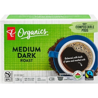 PC Organics Medium Dark Roast Single Serve Coffee Pods 136 g, $7.35/100g