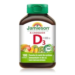 Jamieson Comprimés à croquer de vitamine D3 1 000 UI, Tropique 100 ea, 0,08 $/1ch