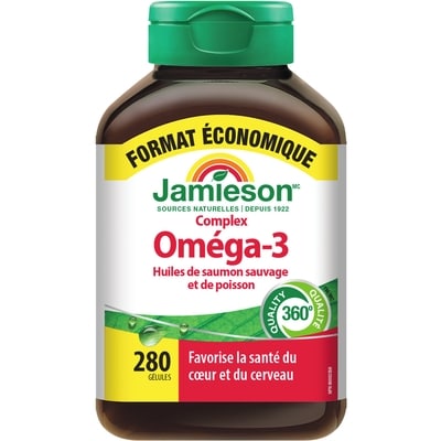 Jamieson Complexe Oméga-3 - Huiles de saumon sauvage et de poisson 1 000 mg Format Économique 280 ea, 0,09 $/1ch