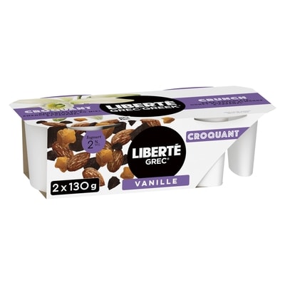 Liberté Grec Yogourt 2 % Croquant, Gousse de vanille, coupes avec chocolat noir, amandes salées et garnitures au caramel, 130 g, 2 u. 2x130.0 g, 1,54 $/100g