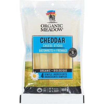Organic Meadow Bâtonnets au Fromage Cheddar 24 % M.G. 8 Bâtonnets 168 g, 5,35 $/100g