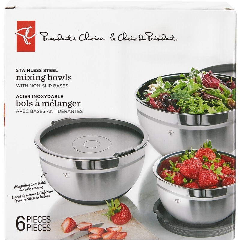 President's Choice 6 Piece Stainles Steel Mixing Bowl Set of 3 Bowls with Lids, Non-Slip Base and Lid