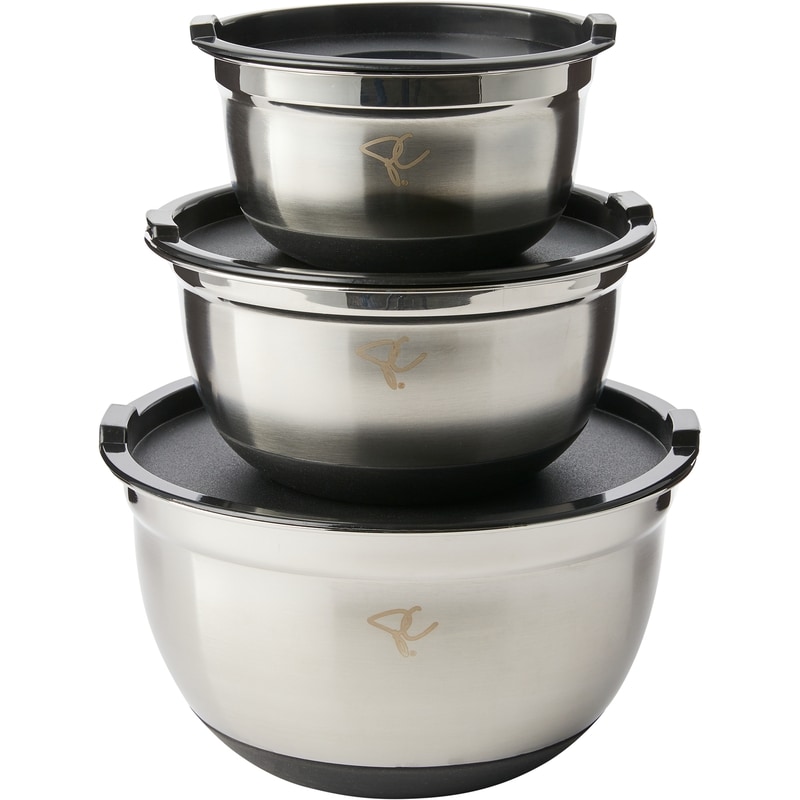 President's Choice 6 Piece Stainles Steel Mixing Bowl Set of 3 Bowls with Lids, Non-Slip Base and Lid