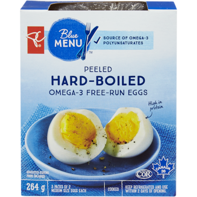 PC Blue Menu Blue Menu Peeled Hard Boiled Omega-3 Free Run Eggs 3x88.0 g, $4.31/100g