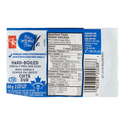 PC Blue Menu Hard-boiled Eggs, Omega-3 88 g, $2.03/100g