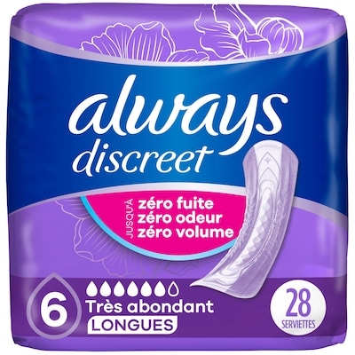 Always Serviettes d’incontinence et de post-partum, longues, degré d’absorption très abondant, pour femmes, 28 serviettes 28 ea, 0,89 $/1ch