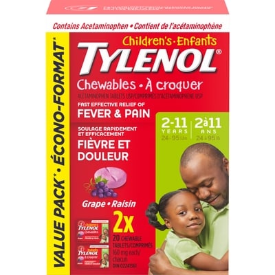 Tylenol Enfants Délice de Raisin à Croquer 160 mg Chacun Écono-Format 2 x 20 Comprimés 40 ea, 0,42 $/1ch