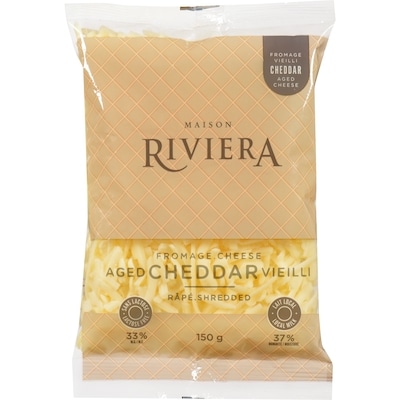 Riviera Shredded Aged Cheddar Cheese 33% M.F. 150 g, $4.93/100g