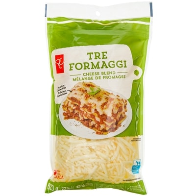 President's Choice Tre Formaggi Shredded Cheese Blend 620 g, $2.01/100g