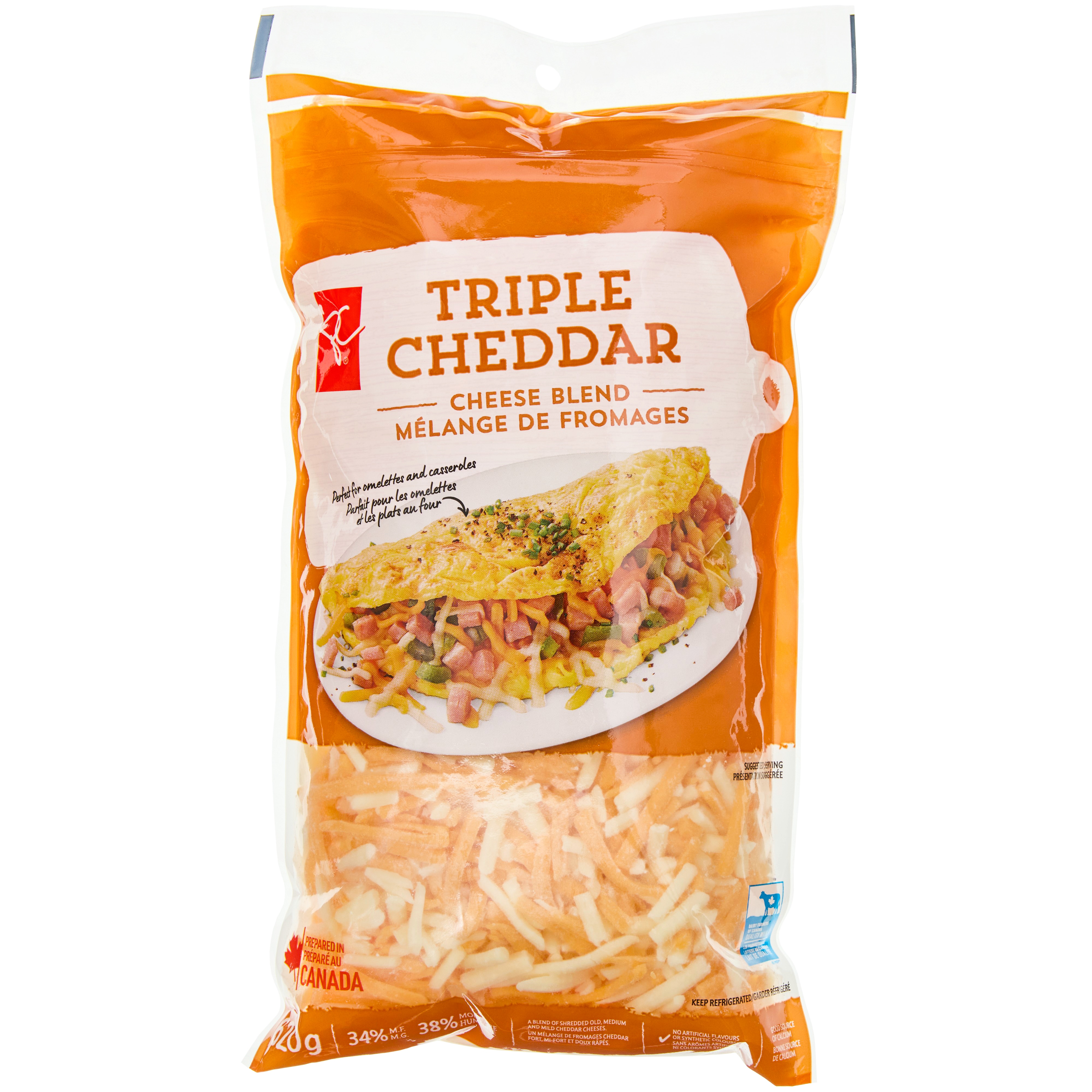 President's Choice Triple Cheddar Shredded Cheese Blend 620 g, $1.77/100g