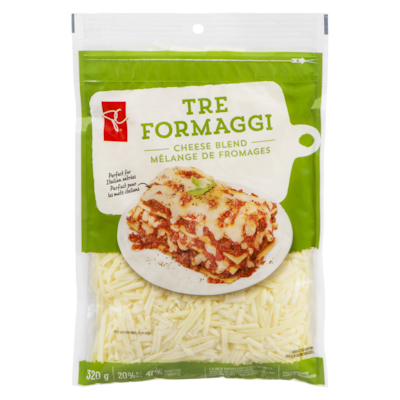 President's Choice Tre Formaggi Shredded Cheese Blend 320 g, $2.03/100g