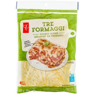 President's Choice Tre Formaggi Shredded Cheese Blend 320 g, $1.53/100g