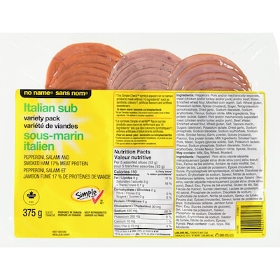 No Name Italian Sub Variety Pack Sliced 375 g, $1.94/100g