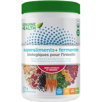 Genuine Health superaliments+ fermentés biologiques pour l'intestin, baies estivales et grenade, superaliments végétaliens en poudre 273 g, 13,18 $/100g