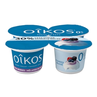Oikos Greek Yogurt, Mixed Barries, Blended, 30% Less Sugar 4x100.0 g, $1.20/100g
