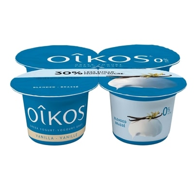 Oikos Greek Yogurt, Vanilla, Blended, 30% Less Sugar 4x100.0 g, $1.00/100g