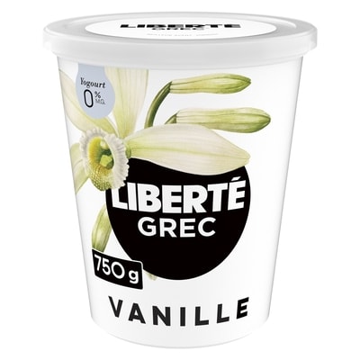 Liberté Grec Yogourt 0 %, Vanille, Teneur élevée en protéines 750 g, 1,20 $/100g