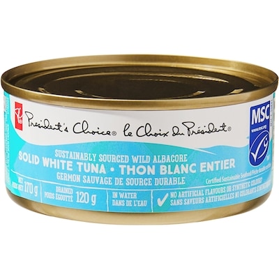 President's Choice Wild Albacore Solid White Tuna 170 g, $2.35/100g