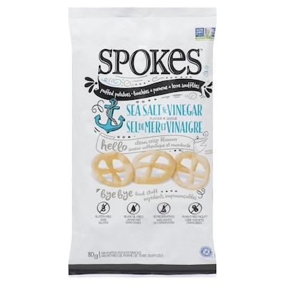 Spokes Bouchées de Pomme de Terre Soufflées Saveur Sel de Mer et Vinaigre 80 g, 6,24 $/100g