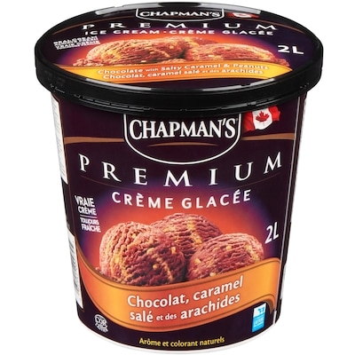 Chapman’s Premium crème glacé chocolat, caramel salé et des arachides 2 l, 0,30 $/100ml