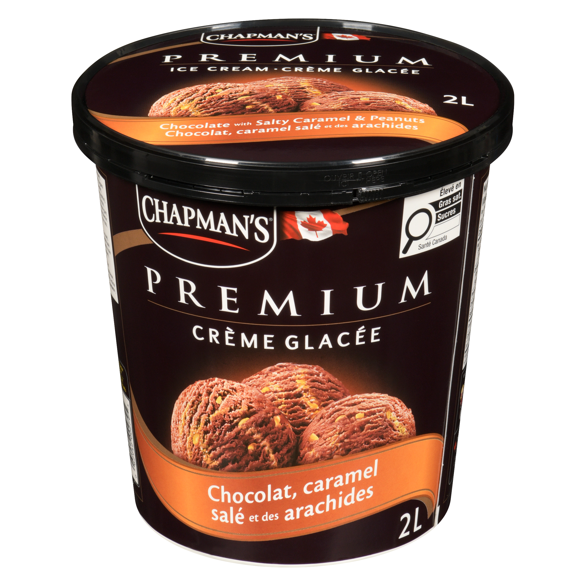 Chapman’s Premium crème glacé chocolat, caramel salé et des arachides 2 l, 0,28 $/100ml
