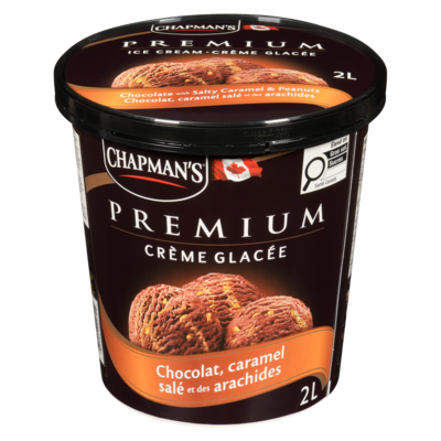 Chapman’s Premium crème glacé chocolat, caramel salé et des arachides 2 l, 0,45 $/100ml