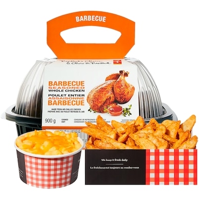 null Whole BBQ Chicken with Wedges and Mac & Cheese  (Available after 11am) 1.39 kg, $1.29/100g