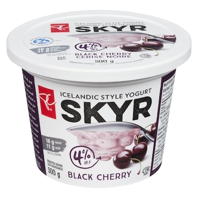 President's Choice Black Cherry Skyr Icelandic Style 4% M.F. Yogurt 500 g, $1.26/100g