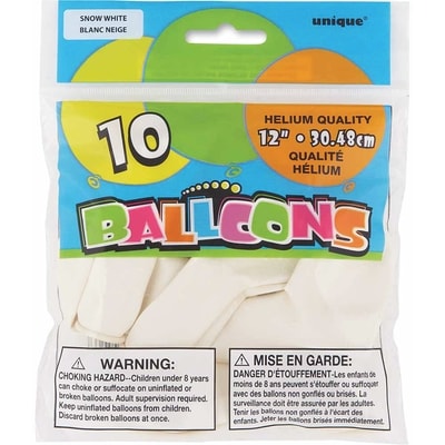 Unique 12" Latex Balloons, 10ct - White 10x1.0 ea, $0.15/1ea