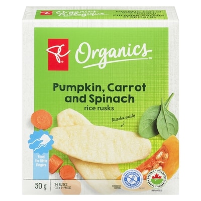 PC Organics Pumpkin, Carrot And Spinach Rice Rusks 50 g, $5.00/100g