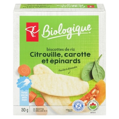 PC Biologique Biscottes de riz citrouille, carotte et épinards 50 g, 6,00 $/100g