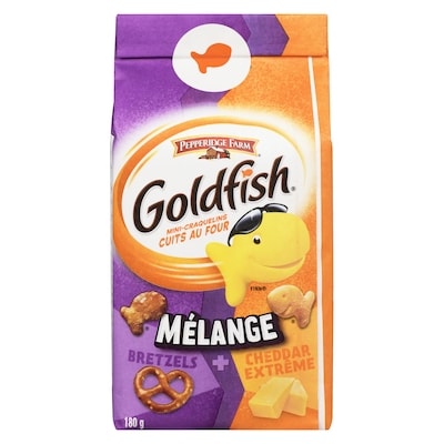Pepperidge Farm Goldfish Mini-Craquelins Cuits au Four Mélange Cheddar Extrême + Bretzels 180 g, 2,22 $/100g
