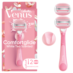 COMFORTGLIDE WHITE TEA WOMEN'S RAZOR, 2 BLADE REFILLS + SHOWER HOLDER