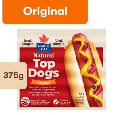 Maple Leaf Natural Top Dogs Original Hot Dogs 375 g, $2.00/100g