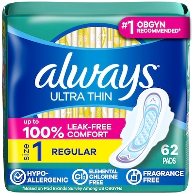 Always Ultra Thin Feminine Pads with Wings for Women, Size 1, Regular Absorbency, Unscented, 62 Count 62 ea, $0.29/1ea