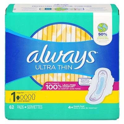 Always Serviettes féminines Ultra Thin, degré d’absorption régulier, avec ailes, pour femmes, taille 1, non parfumées, 62 serviettes 62 ea, 0,27 $/1ch