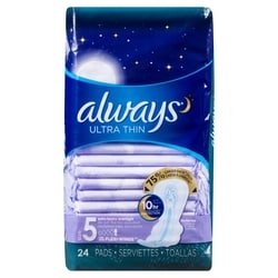 Always Serviettes Ultra Thin, de nuit, flux très abondant, avec ailes Flexi-Wings, taille 5, non parfumées, 24 serviettes 24 ea, 0,50 $/1ch