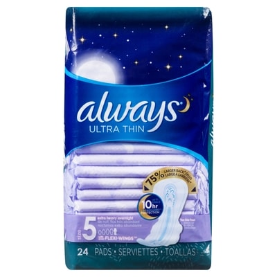 Always Serviettes Ultra Thin, de nuit, flux très abondant, avec ailes Flexi-Wings, taille 5, non parfumées, 24 serviettes 24 ea, 0,62 $/1ch