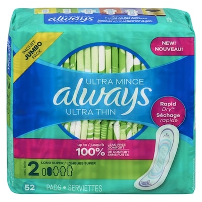 Always Serviettes féminines Ultra Thin, longues, degré d’absorption super, sans ailes, pour femmes, taille 2, non parfumées, 52 serviettes 52 ea, 0,24 $/1ch