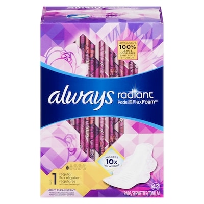 Always Serviettes Radiant, régulières, avec ailes, pour femmes, taille 1, parfum net et léger, 42 serviettes 42 ea, 0,36 $/1ch
